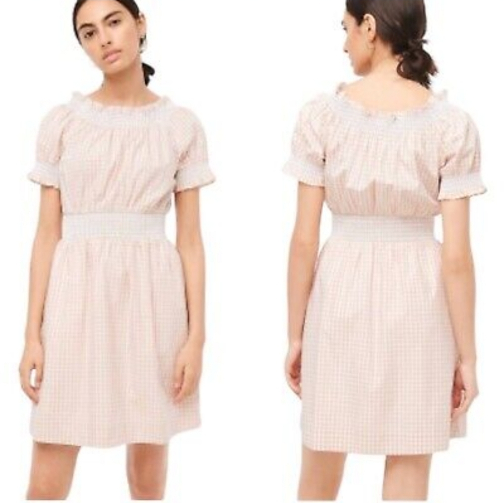 J Crew Smocked puff sleeve cotton poplin dress in gingham